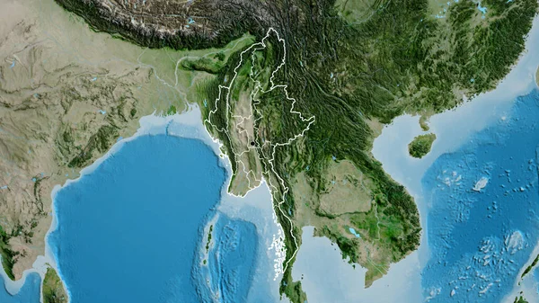 衛星地図上のミャンマー国境地域とその地域の境界線のクローズアップ 資本ポイント 全国の概要 — ストック写真