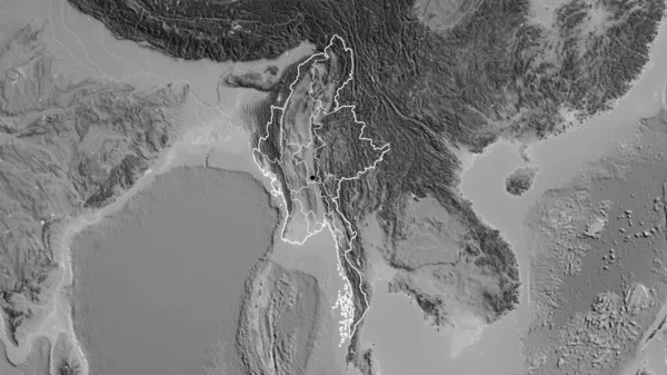 ミャンマー国境地域の閉鎖とグレースケールの地図上のその地域の境界線 資本ポイント 全国の概要 — ストック写真