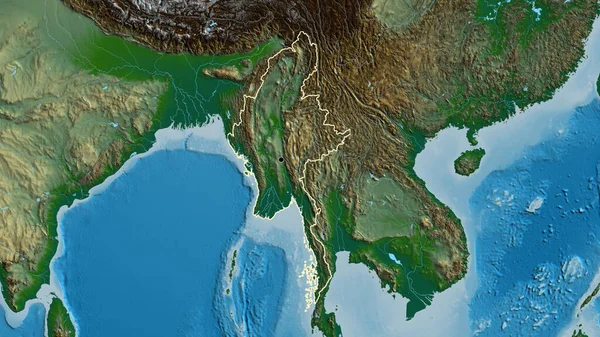 物理的な地図上のミャンマー国境地域のクローズアップ 資本ポイント 全国の概要 — ストック写真