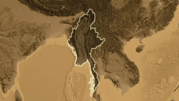 Detailní Záběr Pohraniční Oblasti Myanmaru Zvýrazňující Tmavou Vrstvu Mapě Nadmořské — Stock fotografie