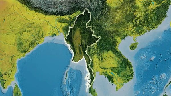 Крупный План Приграничной Зоны Мьянмы Выделяющийся Тёмным Наложением Топографическую Карту — стоковое фото