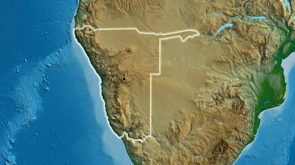 Close-up of the Namibia border area on a physical map. Capital point. Glow around the country shape.
