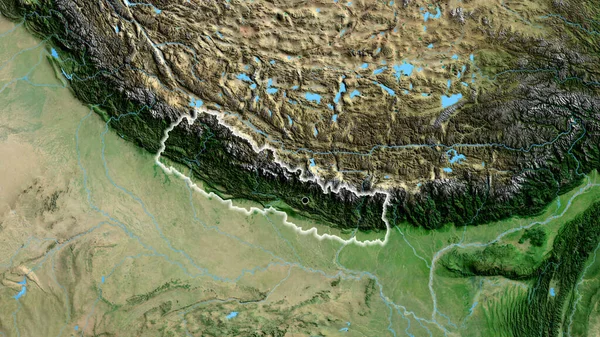 Close Zona Fronteiriça Nepal Num Mapa Satélite Ponto Capital Brilho — Fotografia de Stock