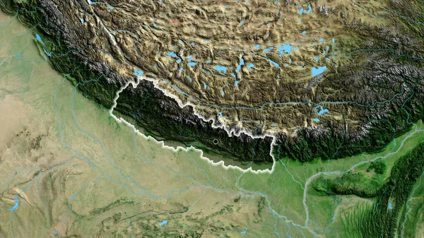 衛星地図上の暗いオーバーレイで強調されているネパール国境地域のクローズアップ 資本ポイント 全国に光る — ストック写真
