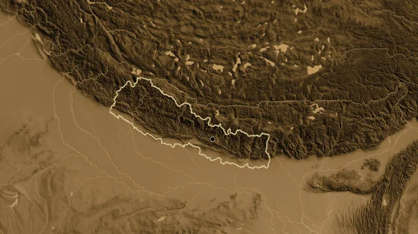在黑色高地地图上对尼泊尔边境地区进行的密切监视 资本点 国家形貌概述 — 图库照片