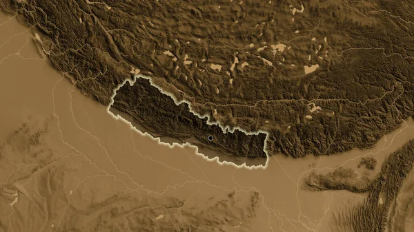 ネパールの国境地帯のクローズアップは セピアの標高地図上の暗いオーバーレイで強調しています 資本ポイント 全国に光る — ストック写真