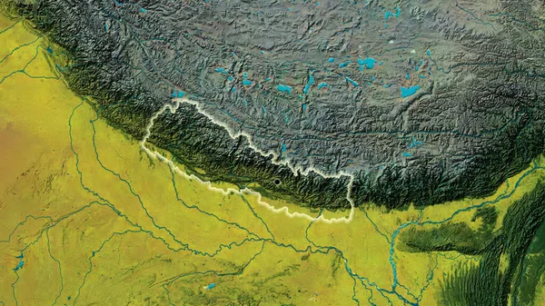 Närbild Nepals Gränsområde Topografisk Karta Huvudpunkt Glow Runt Landet Form — Stockfoto