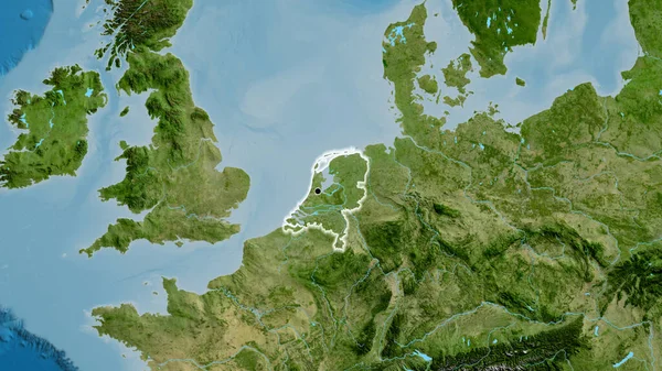 Nahaufnahme Des Niederländischen Grenzgebiets Auf Einer Satellitenkarte Kapitalpunkt Glühen Ganzen — Stockfoto