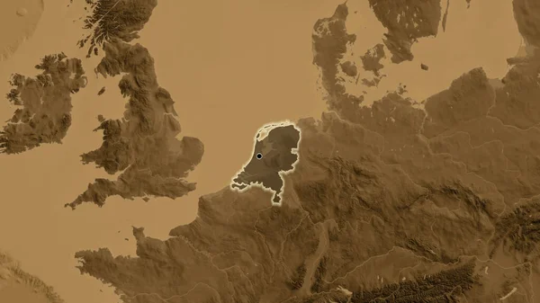 Närbild Det Nederländska Gränsområdet Med Ett Mörkt Överdrag Sepiahöjdskarta Huvudpunkt — Stockfoto
