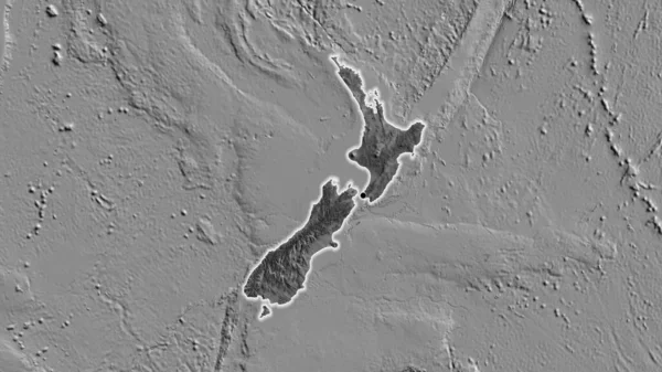 Detailní Záběr Pohraniční Oblasti Nového Zélandu Dvouúrovňové Mapě Fakt Záře — Stock fotografie
