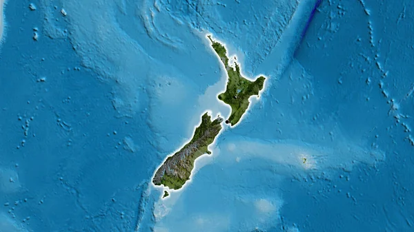 Närbild Nya Zeelands Gränsområde Med Mörk Överlagring Satellitkarta Huvudpunkt Glow — Stockfoto