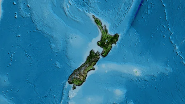 衛星地図上の暗いオーバーレイで強調されているニュージーランドの国境地帯のクローズアップ 資本ポイント 国の形の縁が隠されている — ストック写真