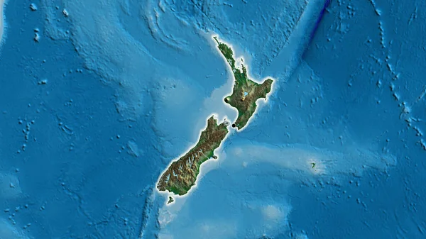 Detailní Záběr Pohraniční Oblasti Nového Zélandu Fyzické Mapě Fakt Záře — Stock fotografie