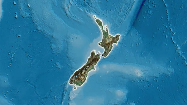 Nahaufnahme Des Neuseeländischen Grenzgebiets Auf Einer Reliefkarte Kapitalpunkt Glühen Ganzen — Stockfoto