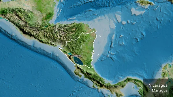 衛星地図上のニカラグア国境地帯の閉鎖 資本ポイント 国の形の周りの概要 英名国とその首都 — ストック写真