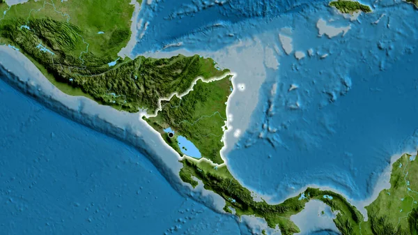 Närbild Gränsområdet Till Nicaragua Satellitkarta Huvudpunkt Glow Runt Landet Form — Stockfoto