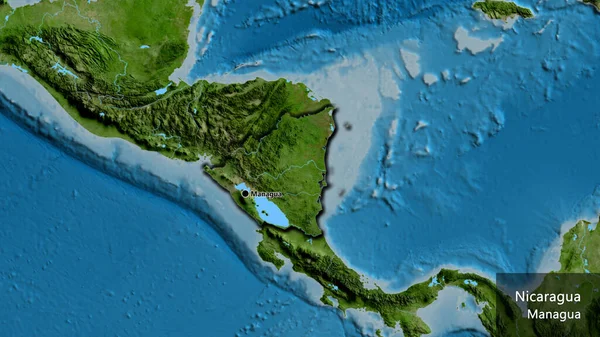 在卫星地图上对尼加拉瓜边境地区进行了近距离调查 资本点 这个国家的边缘呈斜角状 国家及其首都的英文名称 — 图库照片