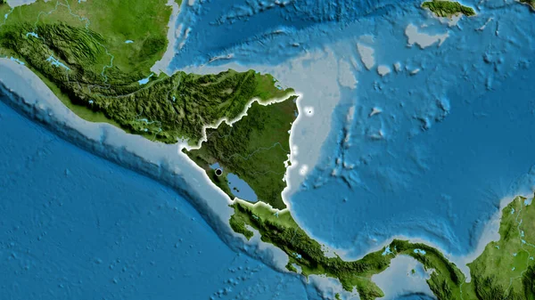 衛星地図上の暗いオーバーレイで強調しているニカラグア国境地域のクローズアップ 資本ポイント 全国に光る — ストック写真
