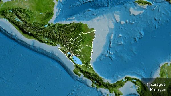 ニカラグア国境地域の閉鎖と衛星地図上のその地域の境界線 資本ポイント 国の形の周りの概要 英名国とその首都 — ストック写真