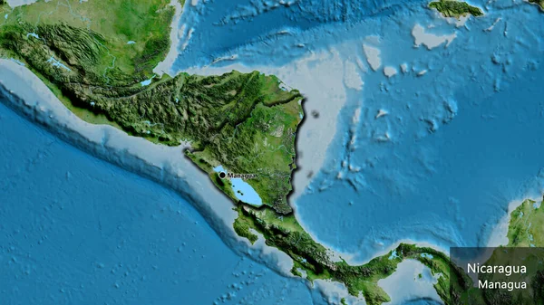 衛星地図上のニカラグア国境地帯の閉鎖 資本ポイント 国の形の縁が隠されています 英名国とその首都 — ストック写真