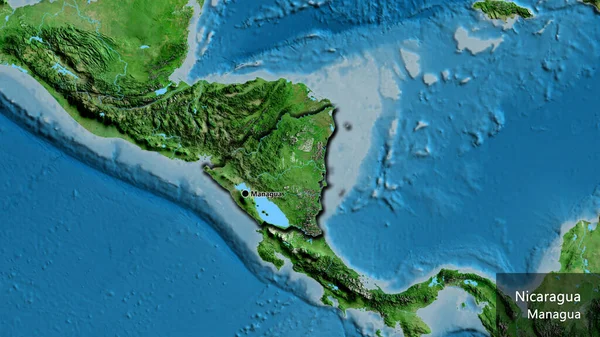 衛星地図上のニカラグア国境地帯の閉鎖 資本ポイント 国の形の縁が隠されています 英名国とその首都 — ストック写真