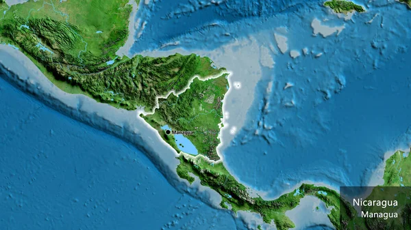 衛星地図上のニカラグア国境地帯の閉鎖 資本ポイント 国の形の周りに光る 英名国とその首都 — ストック写真
