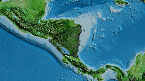 衛星地図上の暗いオーバーレイで強調しているニカラグア国境地域のクローズアップ 資本ポイント 国の形の縁が隠されている — ストック写真