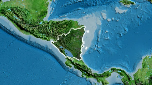 Närbild Gränsområdet Nicaragua Med Mörk Överlagring Satellitkarta Huvudpunkt Glow Runt — Stockfoto