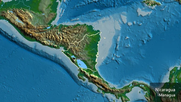 物理的な地図上のニカラグア国境地域の閉鎖 資本ポイント 国の形の周りの概要 英名国とその首都 — ストック写真