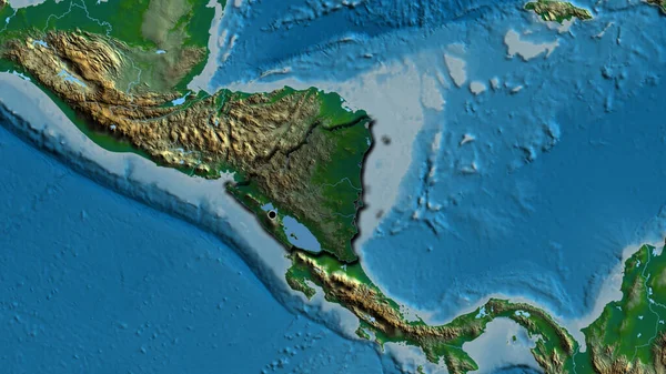 尼加拉瓜边境地区的特写镜头 用一张地形图上的黑暗阴影突出显示出来 资本点 国家形状的斜边 — 图库照片