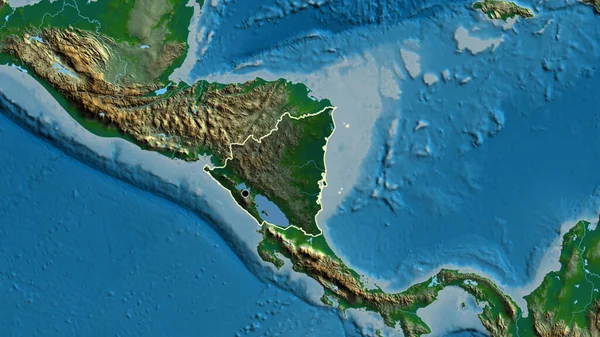 ニカラグアの国境地帯のクローズアップは 物理的な地図上の暗いオーバーレイで強調されています 資本ポイント 全国の概要 — ストック写真