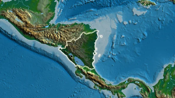 Close Nicaragua Border Area Highlighting Dark Overlay Physical Map Capital — Stock Photo, Image