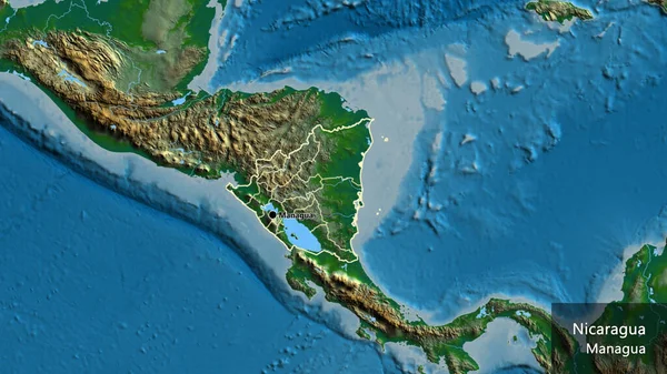 ニカラグア国境地域とその地域の境界線の物理的な地図上のクローズアップ 資本ポイント 国の形の周りの概要 英名国とその首都 — ストック写真