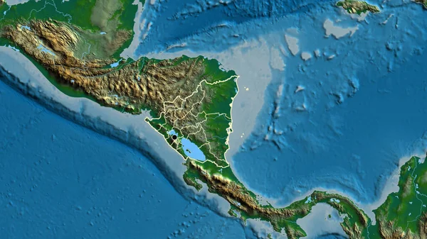 Nikaragua Sınır Bölgesinin Onun Bölgesel Sınırlarının Fiziksel Bir Haritada Yakınlaştırılması — Stok fotoğraf
