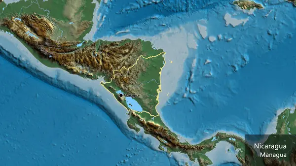 救援地図上のニカラグア国境地域の閉鎖 資本ポイント 国の形の周りの概要 英名国とその首都 — ストック写真