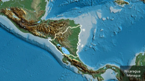 救援地図上のニカラグア国境地域の閉鎖 資本ポイント 国の形の周りに光る 英名国とその首都 — ストック写真
