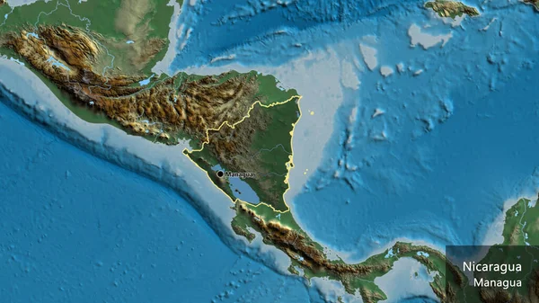 Närbild Gränsområdet Vid Nicaragua Med Ett Mörkt Överdrag Reliefkarta Huvudpunkt — Stockfoto