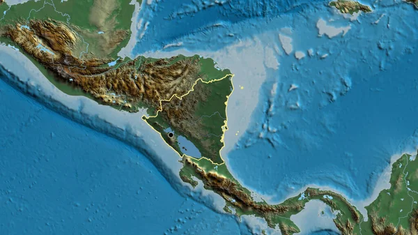 Nærbillede Nicaragua Grænseområdet Fremhæver Med Mørk Overlejring Relief Kort Hovedpunktet - Stock-foto
