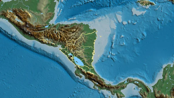 在一张救济地图上对尼加拉瓜边境地区及其区域边界进行了密切监视 资本点 国家形貌概述 — 图库照片