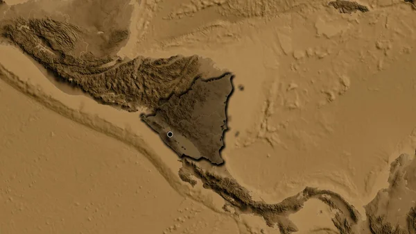 Close Nicaragua Border Area Highlighting Dark Overlay Sepia Elevation Map — Stock Photo, Image