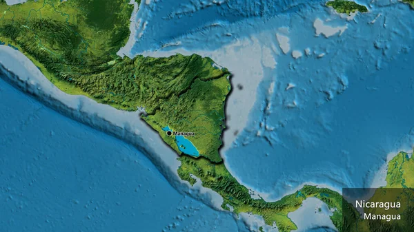 地形図上のニカラグア国境地帯の閉鎖 資本ポイント 国の形の縁が隠されています 英名国とその首都 — ストック写真