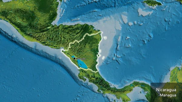 在一张地形图上对尼加拉瓜边境地区进行了密切监视 资本点 风靡全国各地 国家及其首都的英文名称 — 图库照片