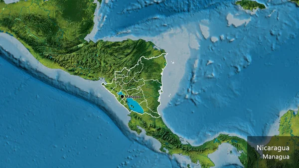 在一张地形图上对尼加拉瓜边境地区及其区域边界进行了密切监视 资本点 概略地描述一下国家的面貌 国家及其首都的英文名称 — 图库照片