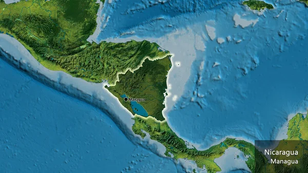 尼加拉瓜边境地区的特写镜头 用地形图上的黑暗阴影突出显示 资本点 风靡全国各地 国家及其首都的英文名称 — 图库照片