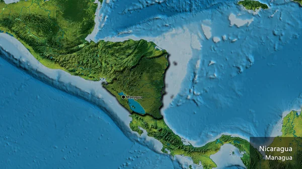 地形図上の暗いオーバーレイで強調ニカラグア国境地域のクローズアップ 資本ポイント 国の形の縁が隠されています 英名国とその首都 — ストック写真