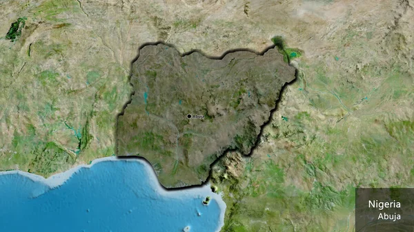 ニジェールの国境地帯のクローズアップは 衛星地図上の暗いオーバーレイで強調しています 資本ポイント 国の形の縁が隠されています 英名国とその首都 — ストック写真