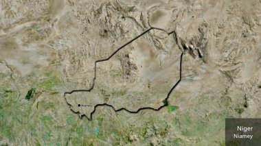 Nijer sınır bölgesinin uydu haritasına yakın çekim. Ana nokta. Kırsal kesimin kıvrımlı kenarları. Ülkenin ve başkentinin İngilizce adı