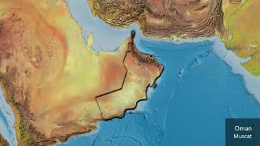 Umman sınır bölgesinin topoğrafik haritaya yakın çekimleri. Ana nokta. Kırsal kesimin kıvrımlı kenarları. Ülkenin ve başkentinin İngilizce adı