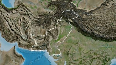Pakistan sınır bölgesinin uydu haritasında yakın plan görüntüsü. Ana nokta. Ülke şekli etrafında özet geç. 