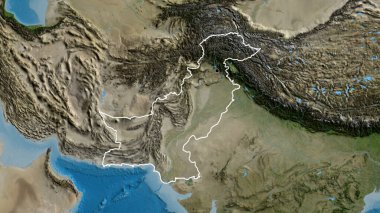 Pakistan sınır bölgesinin uydu haritasında yakın plan görüntüsü. Ana nokta. Ülke şekli etrafında özet geç. 